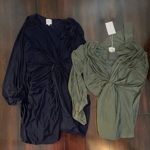 Misa Los Angeles Teget V-Neck Drape Long Sleeve High-Low Midi Dress